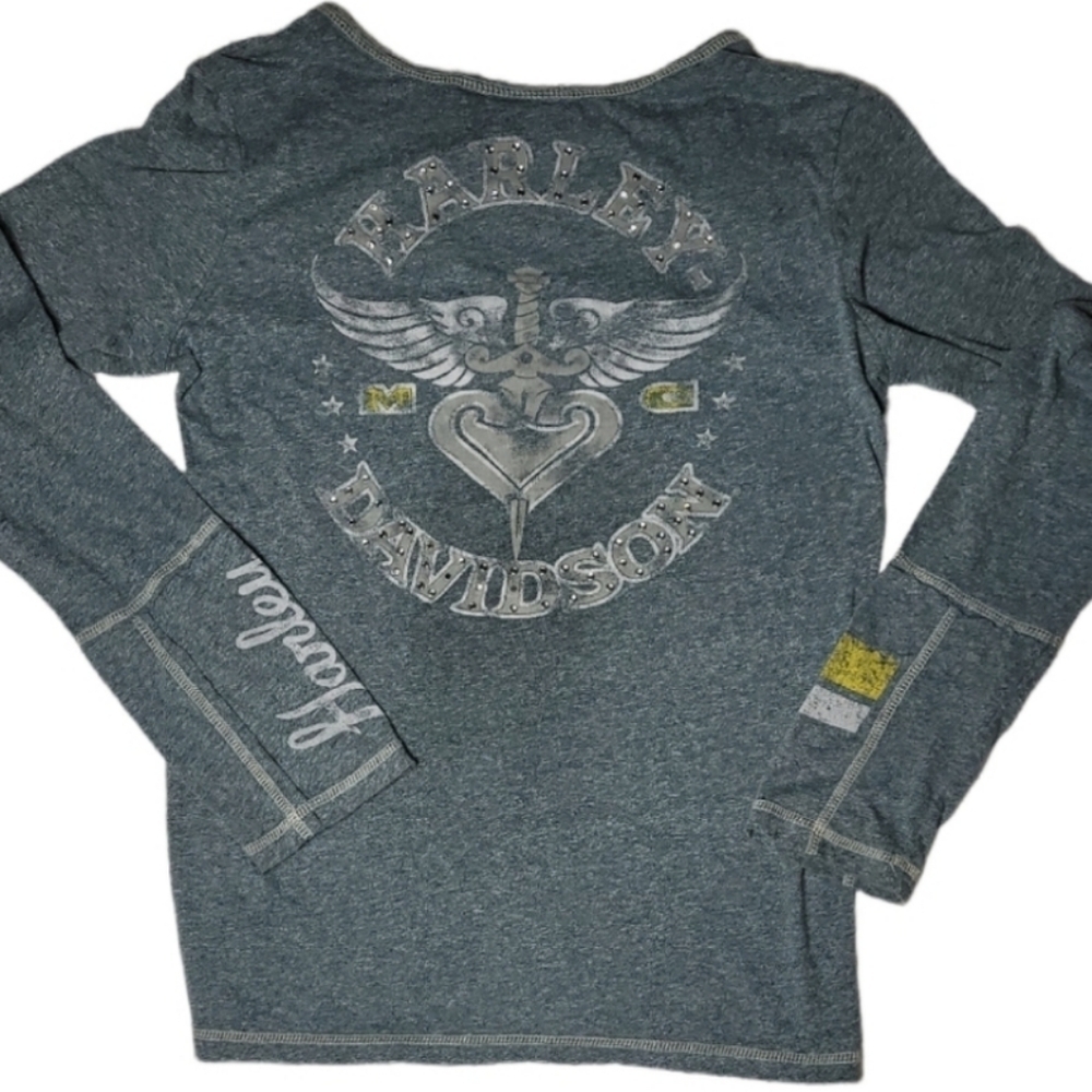 Harley Davidson* Long Sleeve T-Shirt* V-Neck* Blue Heather* Sz L